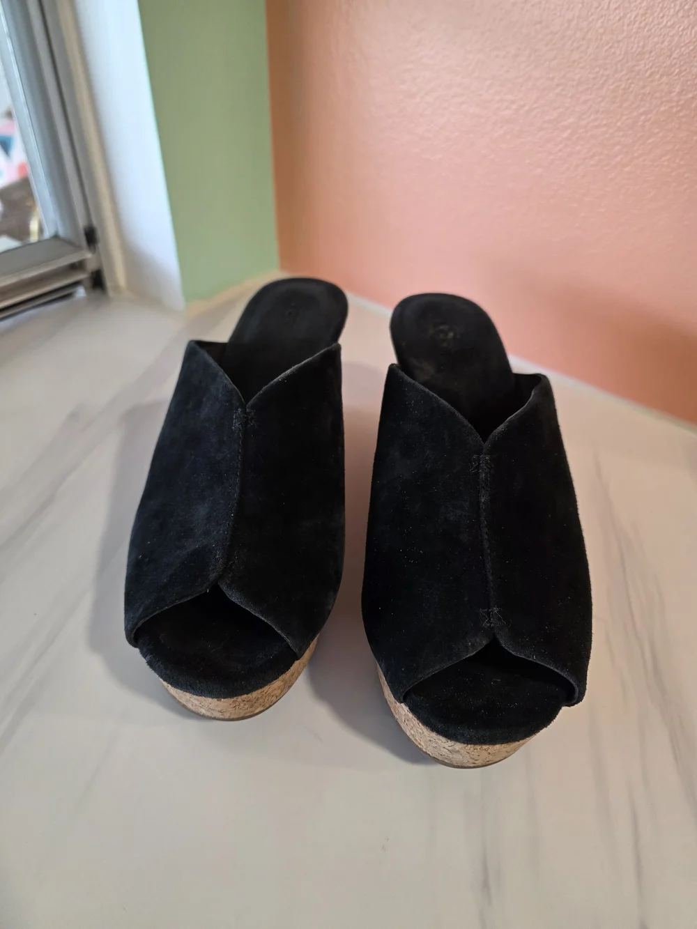 UGG Dominique Black Suede Cork Wedge Slide Mules 9 Boho Chic Festival